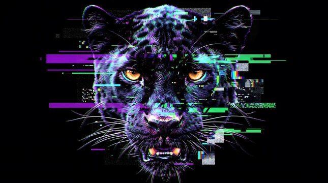 Cyberpunk glitch art black panther neon portrait vaporwave animal concept