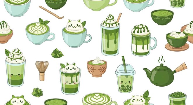 Cute kawaii matcha green tea drink seamless pattern background.