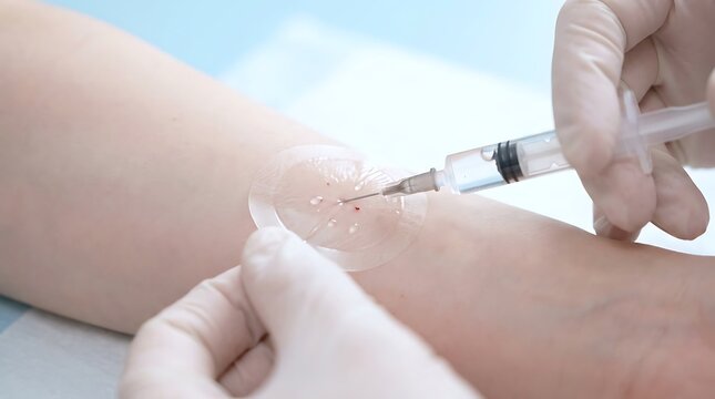 Doctor administers allergy skin prick test injection to patient's arm, healthcare medical procedure checking for allergic reactions, skin.