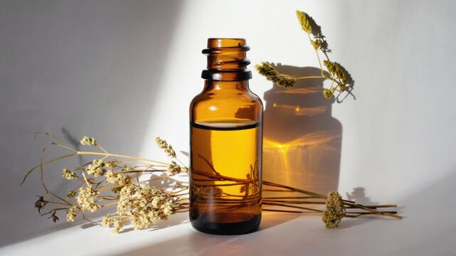 Amber glass bottle with oil and dried plants against a white backdrop
