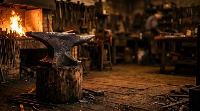 Heavy metal anvil on a wooden stump inside a dark historic blacksmith workshop