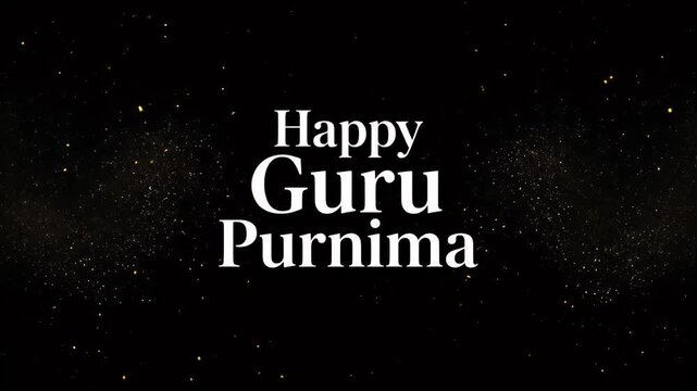 Happy Guru Purnima text animation with golden glitter particles on a black background