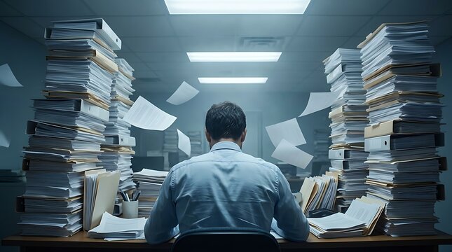 man sitting at desk surrounded by tall stacks of documents and papers flying in air office work overload concept stress difficult task.