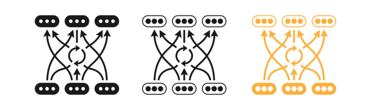 Three variations of a flowchart diagram illustrating complex process flows in black and orange on a white background