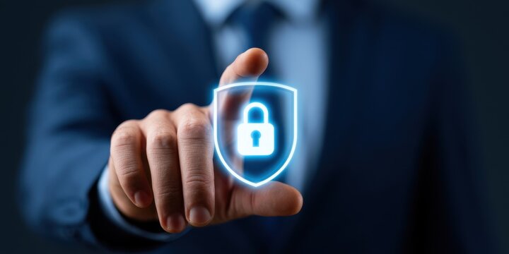 Business executive with holographic security in a futuristic office environment