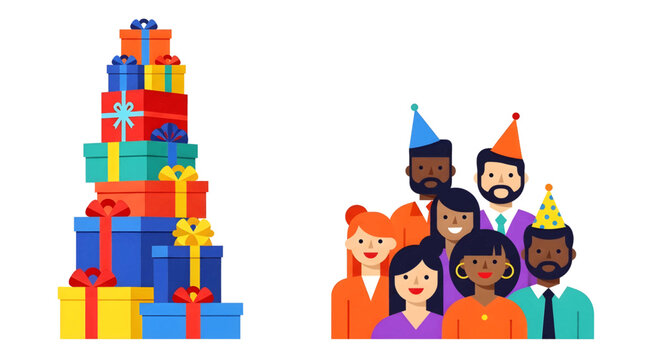 A tall stack of colorful wrapped gift boxes next to a diverse group of people celebrating with party hats.