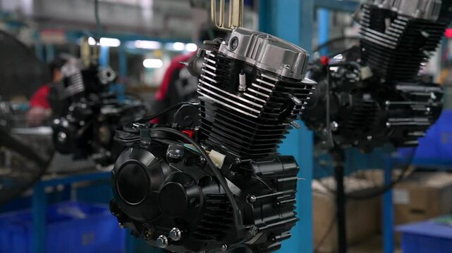 Close-up View Row of Finished Motors on Factory Assembly Line with Workers in Background. Industrial Plant Specializes in Motorcycle Engine Production. Heavy Manufacturing Department in China 4k