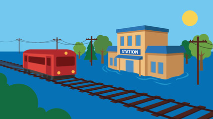 Naklejka premium Heavy Flooding Submerging Railroad Tracks and Train Station