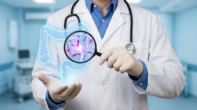 Doctor examining human intestines with magnifying glass showing bacteria, medical analysis of gut health and microbiome.
