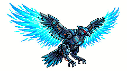 Fototapeta premium Robotic bird with blue wings flying.