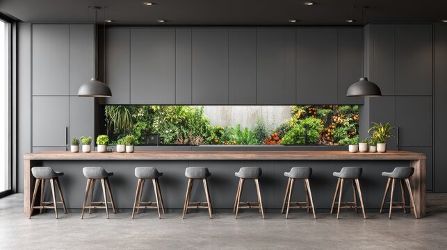 Contemporary interior design showcases a long wooden counter with modern bar stools facing a vibrant indoor garden feature.