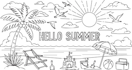 Obraz premium Hello summer beach scene coloring page for kids and adults
