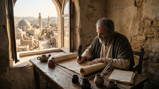 Man writing with feather quill on parchment scroll in ancient city. Apostle or scribe creating biblical manuscript. Historical theme of acts of apostles and religious tradition