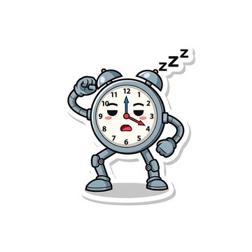 Sleepy cartoon robot lying down yawning.