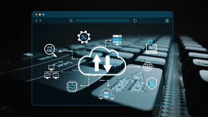Fototapeta premium High-Tech Digital Cloud Computing Concept with Icons and Graphical Elements on a Keyboard Background for Technology and Innovation Themes. Entropy.
