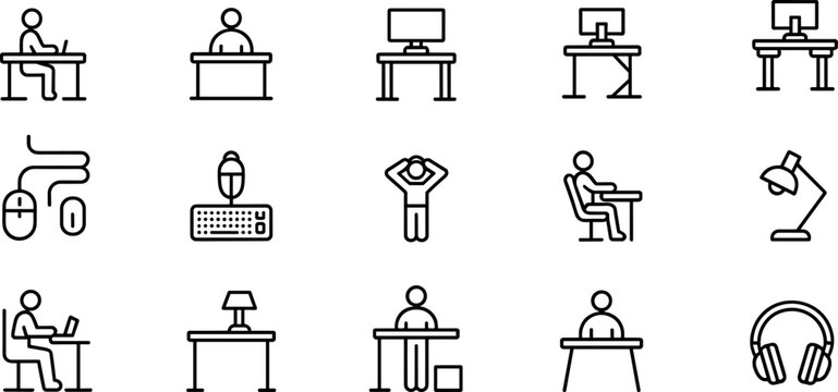 Office desk and workplace ergonomics line icon set vector illustration featuring employees computer monitors keyboards and lamps