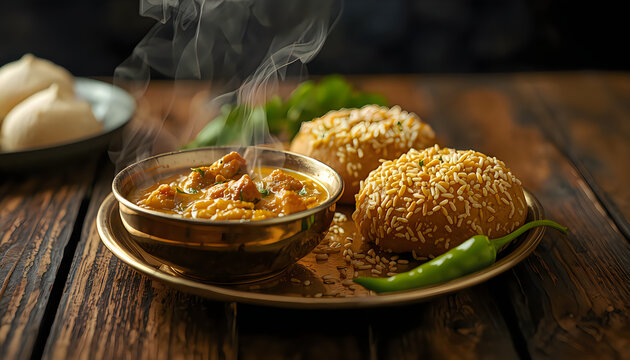 Traditional food Dal Bati with steaming curry and green chili.