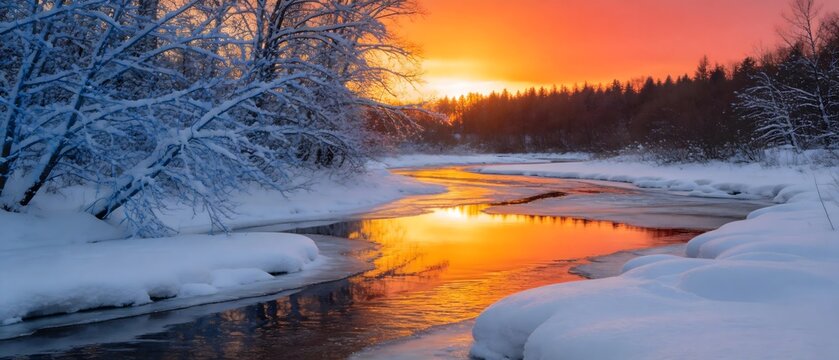 Snowy river at sunset