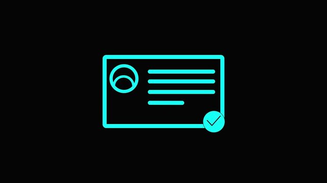 Digital certificate with seal and lines on black background secure authentication symbol neon blue color scheme verification and validation concept for website or app.