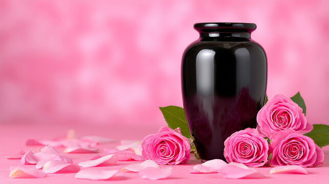 A glossy black funeral urn sits on a pink surface adorned with fresh pink roses and scattered petals, set against a soft-focus, monochromatic pink background.