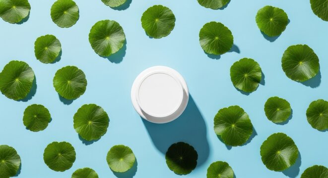 Top view of white cosmetic jar surrounded by green centella asiatica leaves on a light blue background