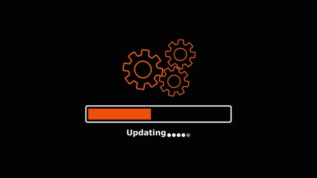 Gear updating progress bar loading animation orange and white on black background software update process.