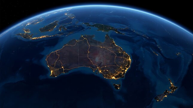 Aerial view of Australia at night showing illuminated cities and infrastructure lights across the continent.
