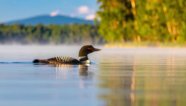 Common loon gliding across foggy lake with blurred green trees and mountain peak landscape at morning
