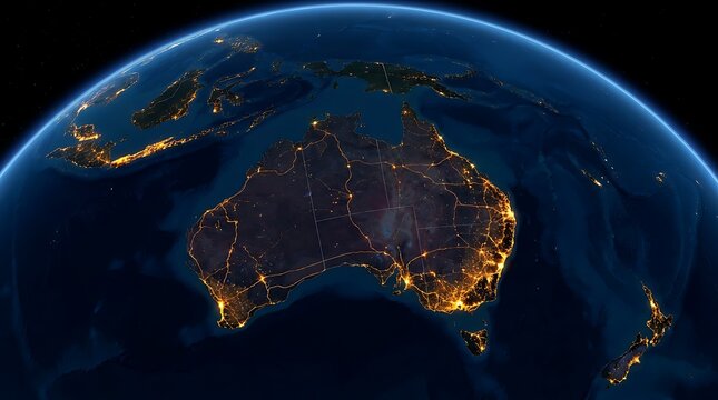 Aerial view of Australia at night showing illuminated cities and infrastructure lights across the continent.