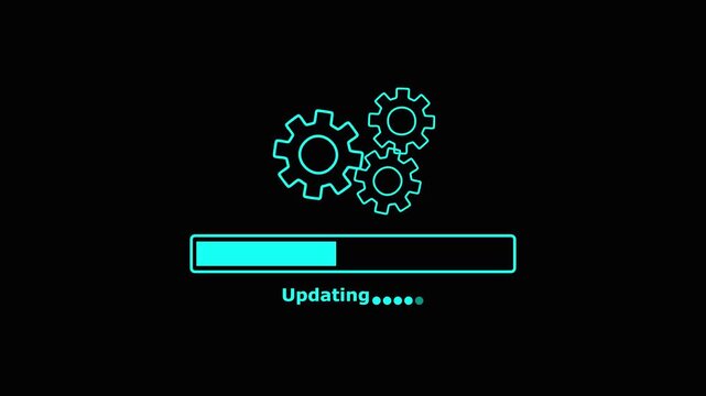Updating loading bar animation with gears on black background progress bar.