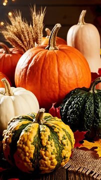 Assortment of pumpkins and gourds in autumn colors, featuring harvest themes, fall season decorations, organic produce, and seasonal displays