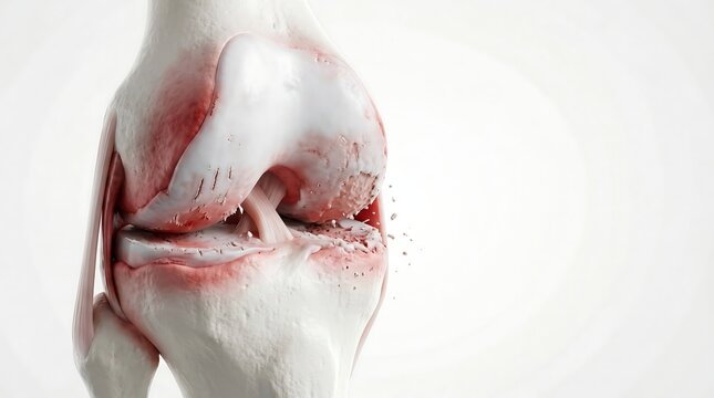Detailed medical 3D illustration of a human knee joint showing severe inflammation and cartilage degeneration caused by osteoarthritis.