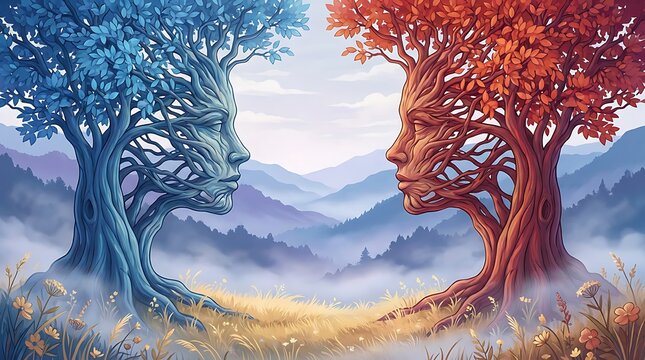 Fantasy landscape features two anthropomorphic trees in profile, blue tree with cool tones, red tree with warm tones facing each other.