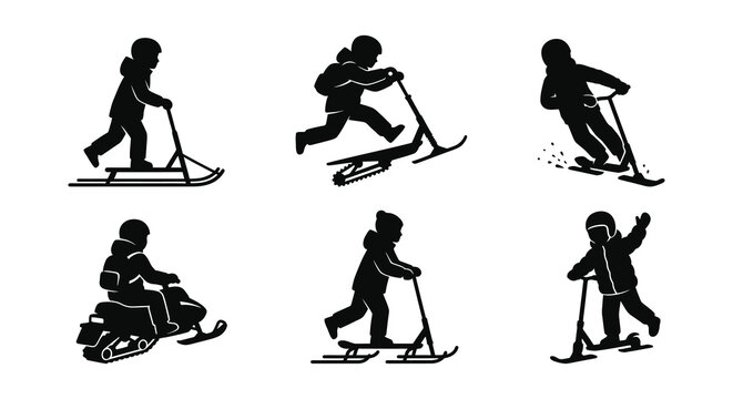 Winter sports silhouettes snowmobiles scooters and skiers in black vector style