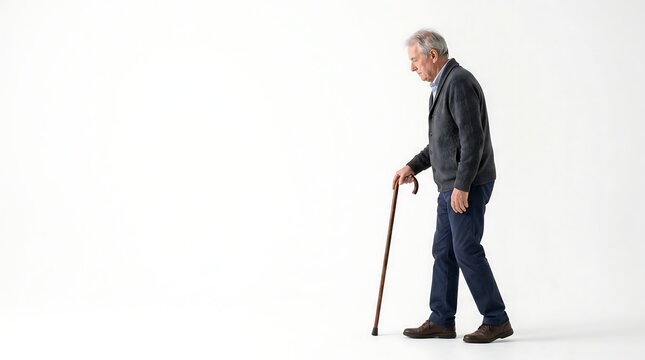 Elderly man with gray hair walking slowly with a wooden cane against a white background.