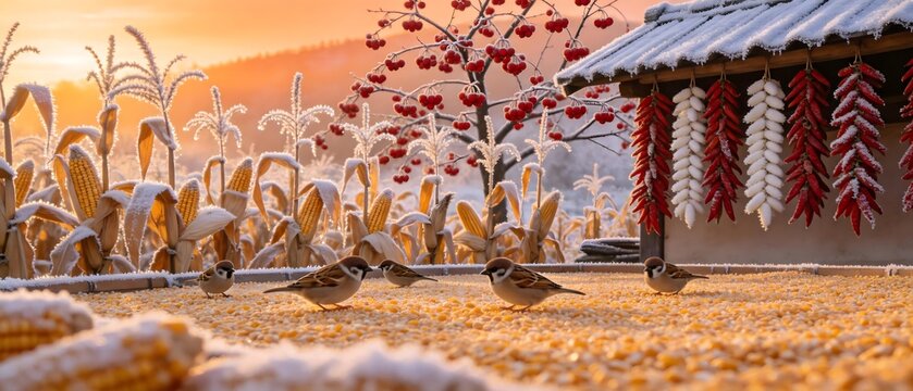 Birds on corn kernels near a frosty house
