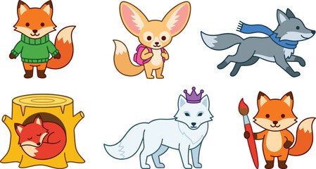 Fototapeta premium Cute Fox Species Vector Icon Set Featuring Red Fox in Sweater, Fennec with Backpack, Running Wolf, Sleeping Fox, Arctic Princess, and Artist Fox for Kids Designs