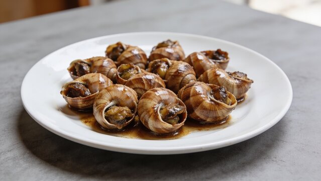 Cooked snails served with garlic butter and fresh herbs, flat lay