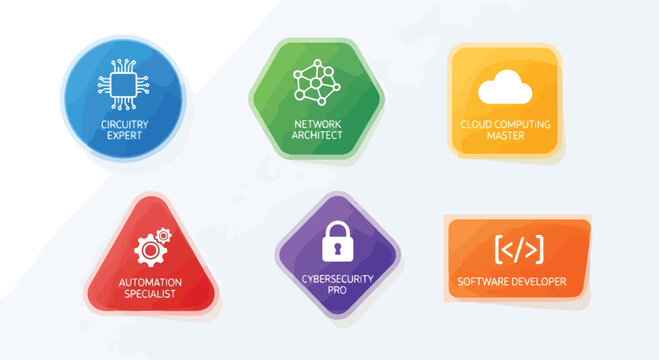 IT professional certification badges, 6 colorful technology skill icons, software developer and cybersecurity expert emblems, digital career achievement vector set