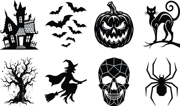 Black Halloween silhouette icon set featuring haunted house, flying bats, jack o lantern pumpkin, cat, spooky tree, flying witch, low poly skull, and spider