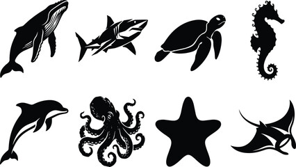 Sea life and ocean animals black vector silhouette icon set featuring humpback whale shark sea turtle seahorse dolphin octopus starfish and manta ray © MstRowshan