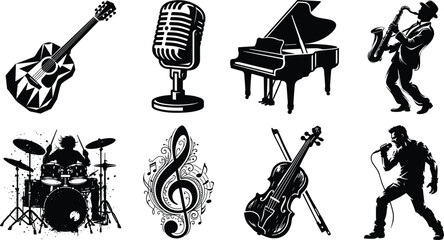 Music and performance black vector icon bundle with low poly guitar retro microphone grand piano saxophone player splatter drums decorative treble clef cello and rock singer © MstRowshan