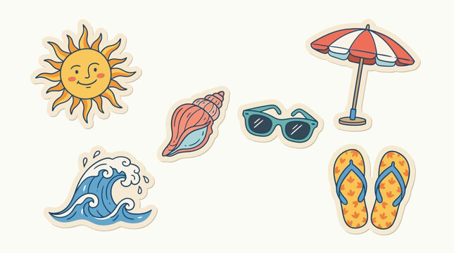Collection of colorful summer beach stickers including sun, wave, sunglasses, umbrella, seashell, and flip-flops on a white background.