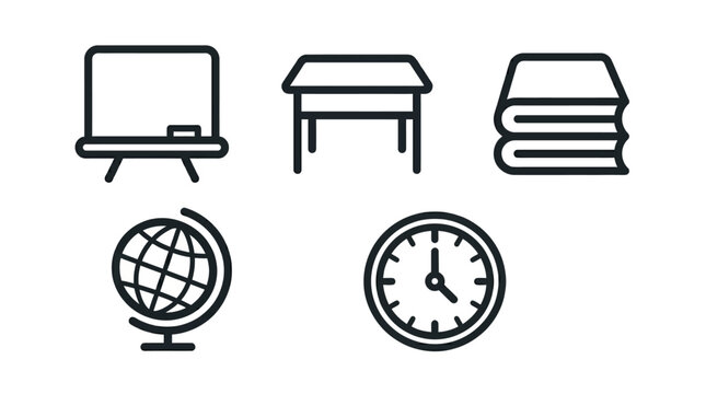 Set of minimalist black line icons for classroom and education featuring blackboard, desk, books, globe, and clock on white background