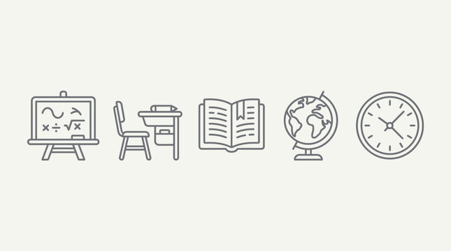 Set of minimalist education and classroom line icons featuring a chalkboard, school desk, open book, globe, and wall clock on a clean background.