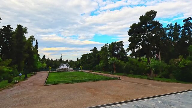 Zappeion garden park by hall with water fountain at historical square street in summer ancient city of Athens, Greece