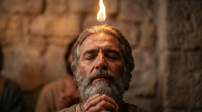 Apostles and woman gathered in prayer at Pentecost. Miraculous descent of Holy Spirit with tongues of fire above heads. Early Christian life and biblical event from Acts of Apostles