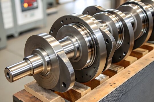 Large steel engine crankshaft part resting on wooden blocks in machine shop