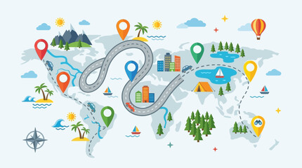 Fototapeta premium Flat design world map with winding road, location pins, and travel icons representing global tourism, summer vacation, and road trip adventure.
