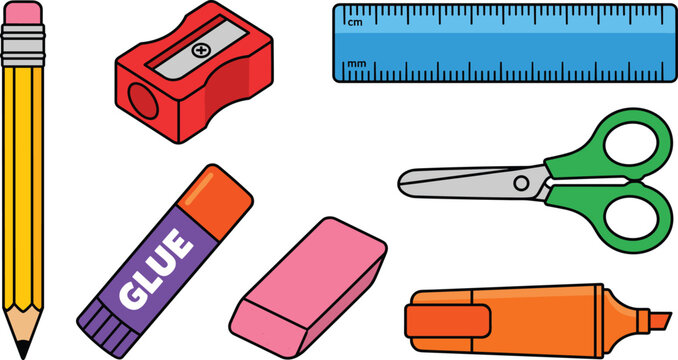 School Stationery and Office Supply Vector Icon Set Featuring Pencil, Sharpener, Ruler, Glue Stick, Eraser, Scissors, and Highlighter Marker for Educational Material Layouts